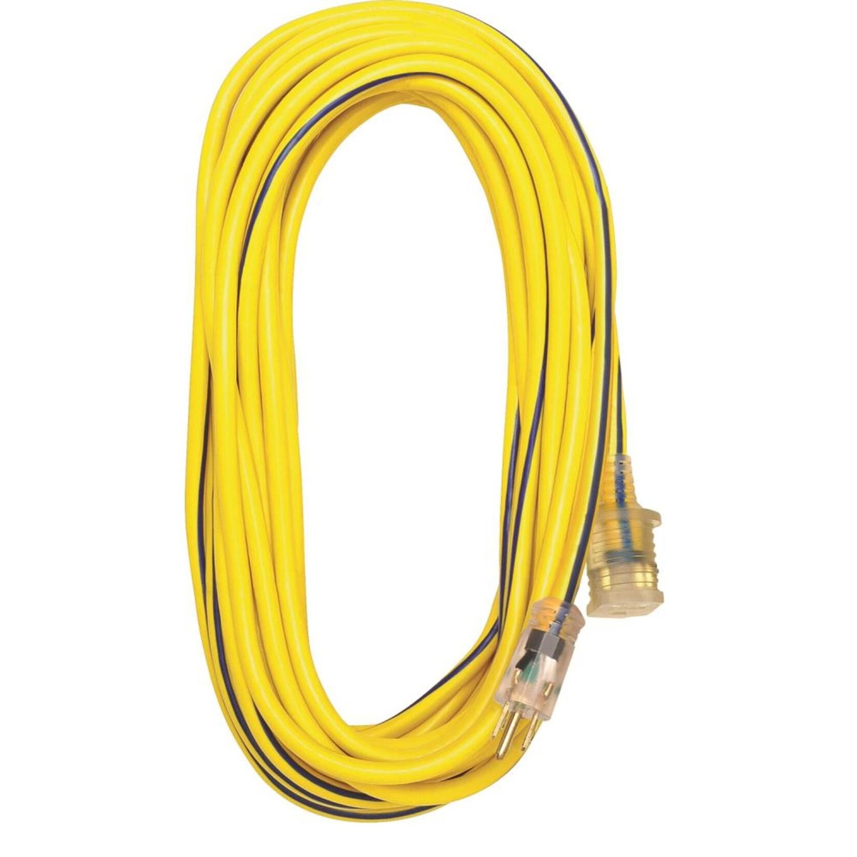 Voltec 05-00364 12/3 SJTW Outdoor Extension Cord with Lighted End, 25-Foot, Yellow with Blue Stripe shown as a coiled heavy-duty extension cord for indoor and outdoor power use in a shop, garage, or jobsite setup