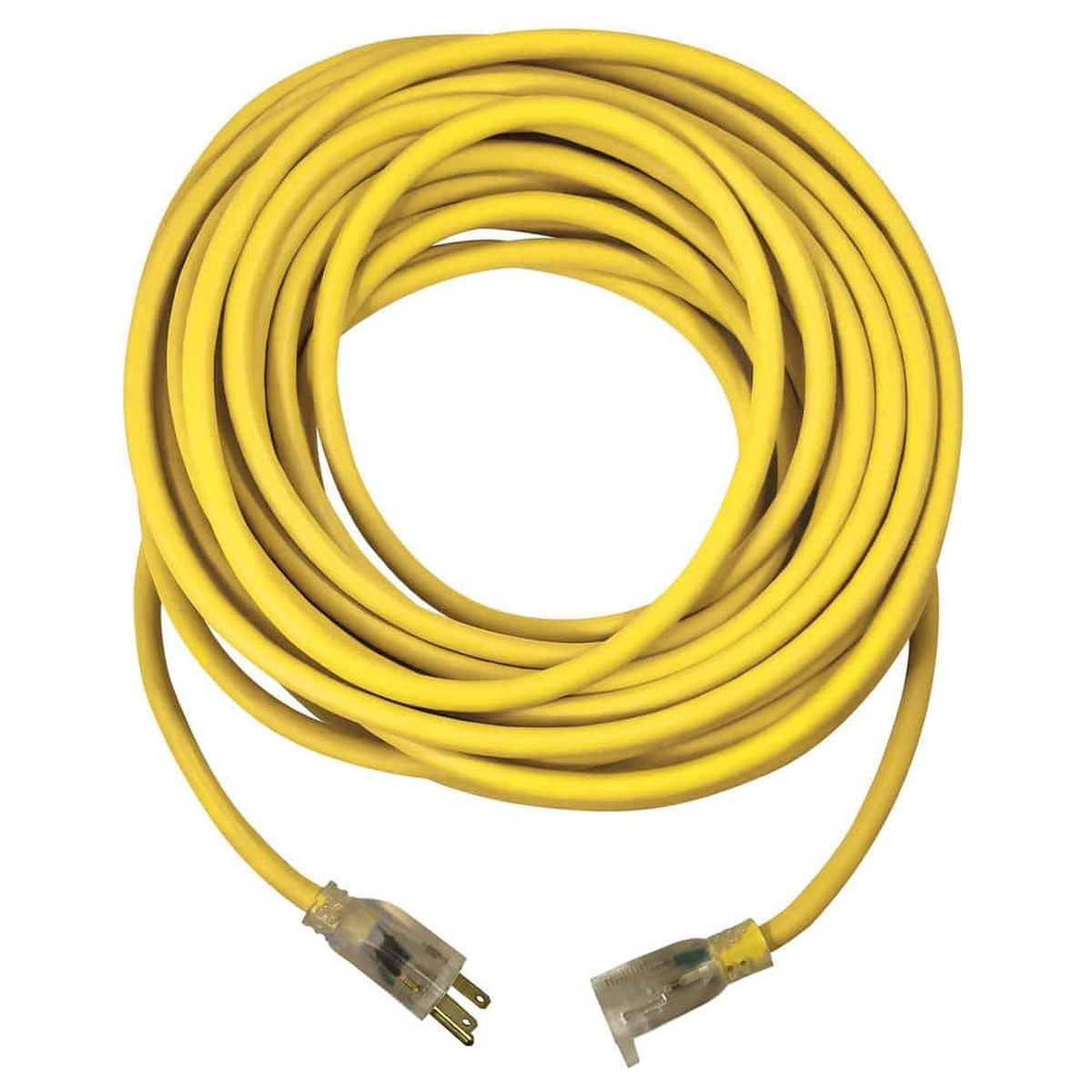 Voltec 05-00365 50 ft 12/3 SJTW extension cord coiled for storage with grounded plug and receptacle for jobsite, garage, or yard use