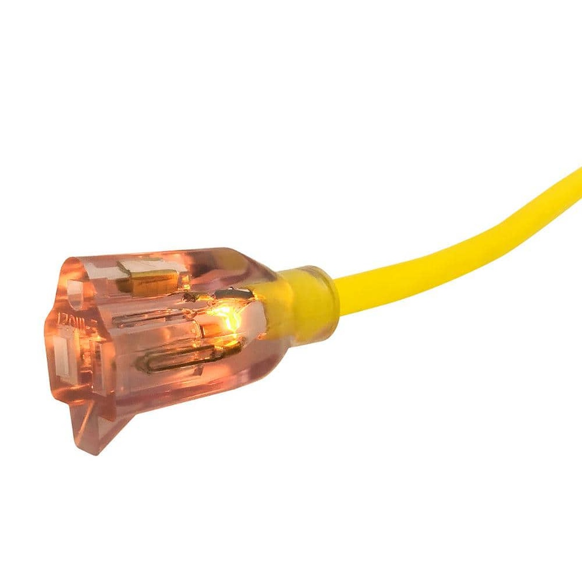 Voltec 05-00365 50 ft 12/3 SJTW extension cord illuminated receptacle end glowing to show live power during indoor or outdoor tool setup