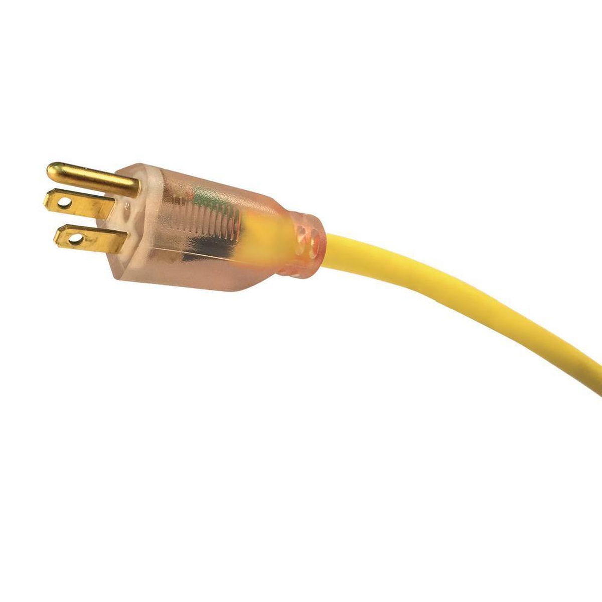 Voltec 05-00365 50 ft 12/3 SJTW extension cord grounded three-prong plug close-up for connecting power tools and equipment