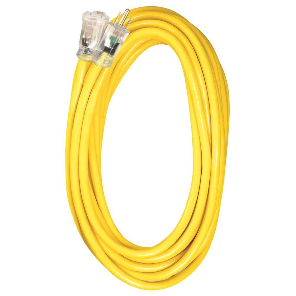 Voltec 12/3 100 Ft. SJTW Extension Cord coiled for storage with clear plug and lighted receptacle visible for indoor or outdoor jobsite power use