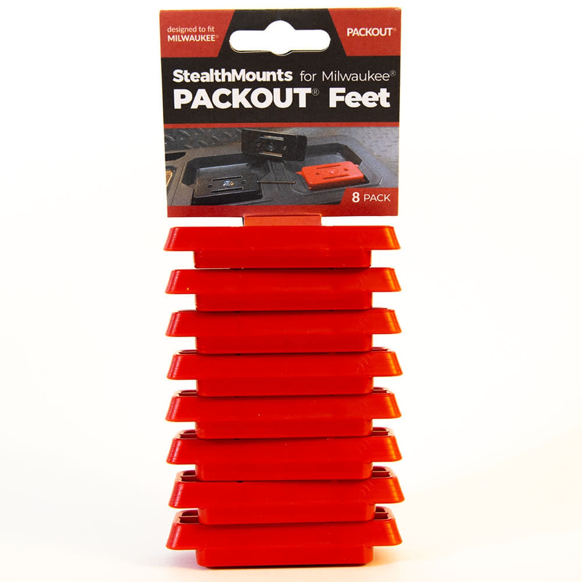 StealthMounts Milwaukee PACKOUT Feet Red 8-Pack retail package with eight red PACKOUT feet for custom mounting projects