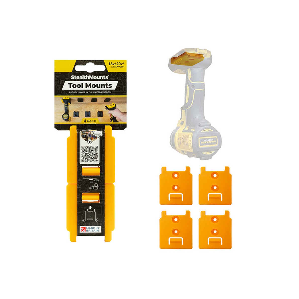 StealthMounts TM-DW18-YLW-4 Tool Mounts for DeWalt 18V/20V XR Tools shown as a 4 pack with a DeWalt cordless tool mounted in a workshop storage setup