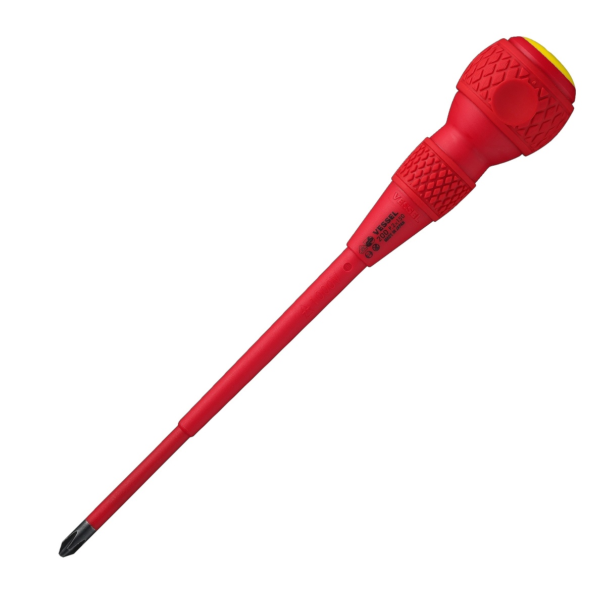 Vessel BALL GRIP Insulated Screwdriver (+2 x 150) No.200P2150 product image showing the insulated Phillips screwdriver with covered shank and ball grip handle for electrical fastening and appliance service work