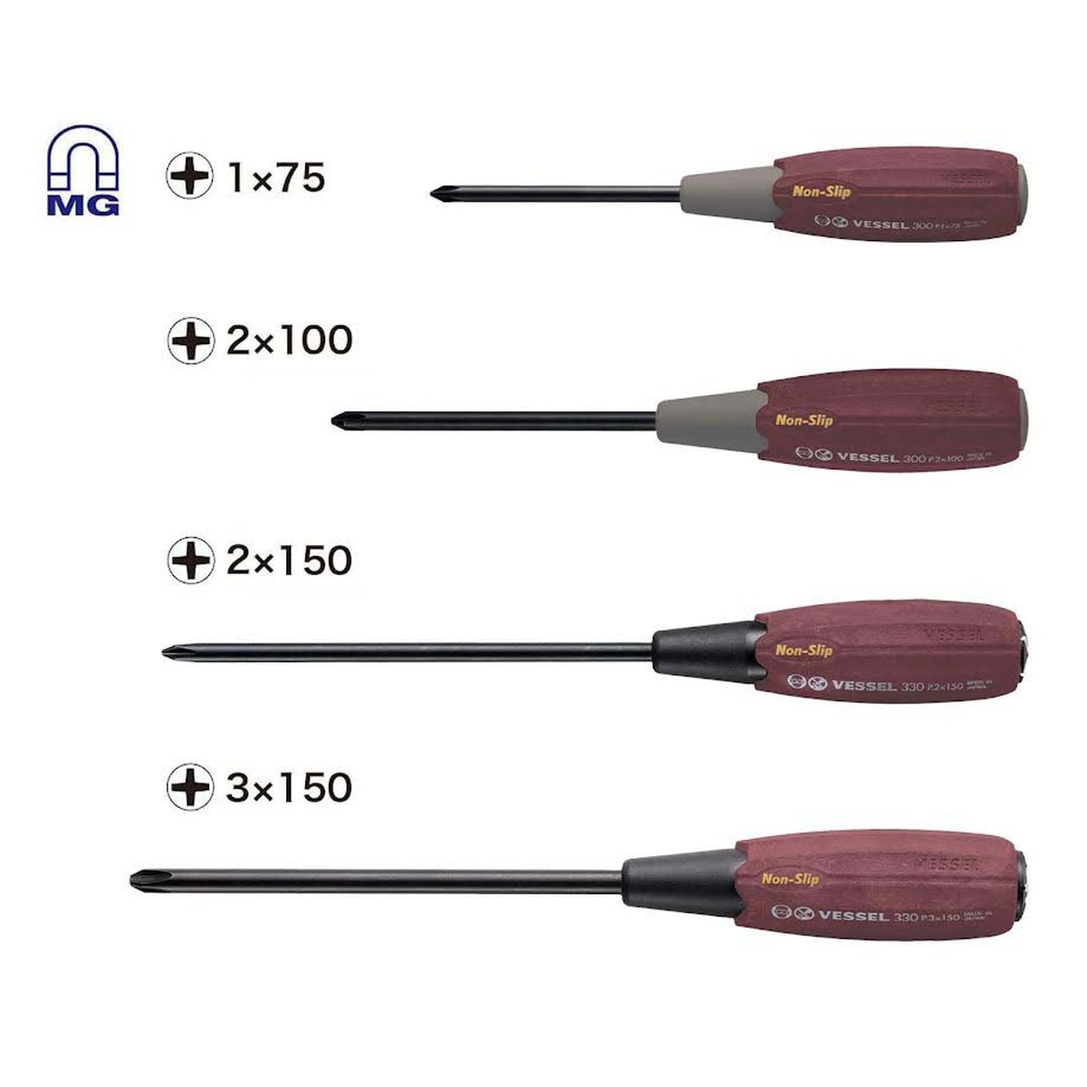 Vessel WOOD-COMPO JISDRIVE Screwdriver 4PC. Set CRIMSON EDITION lineup showing four Phillips screwdrivers for bench, shop, and service work