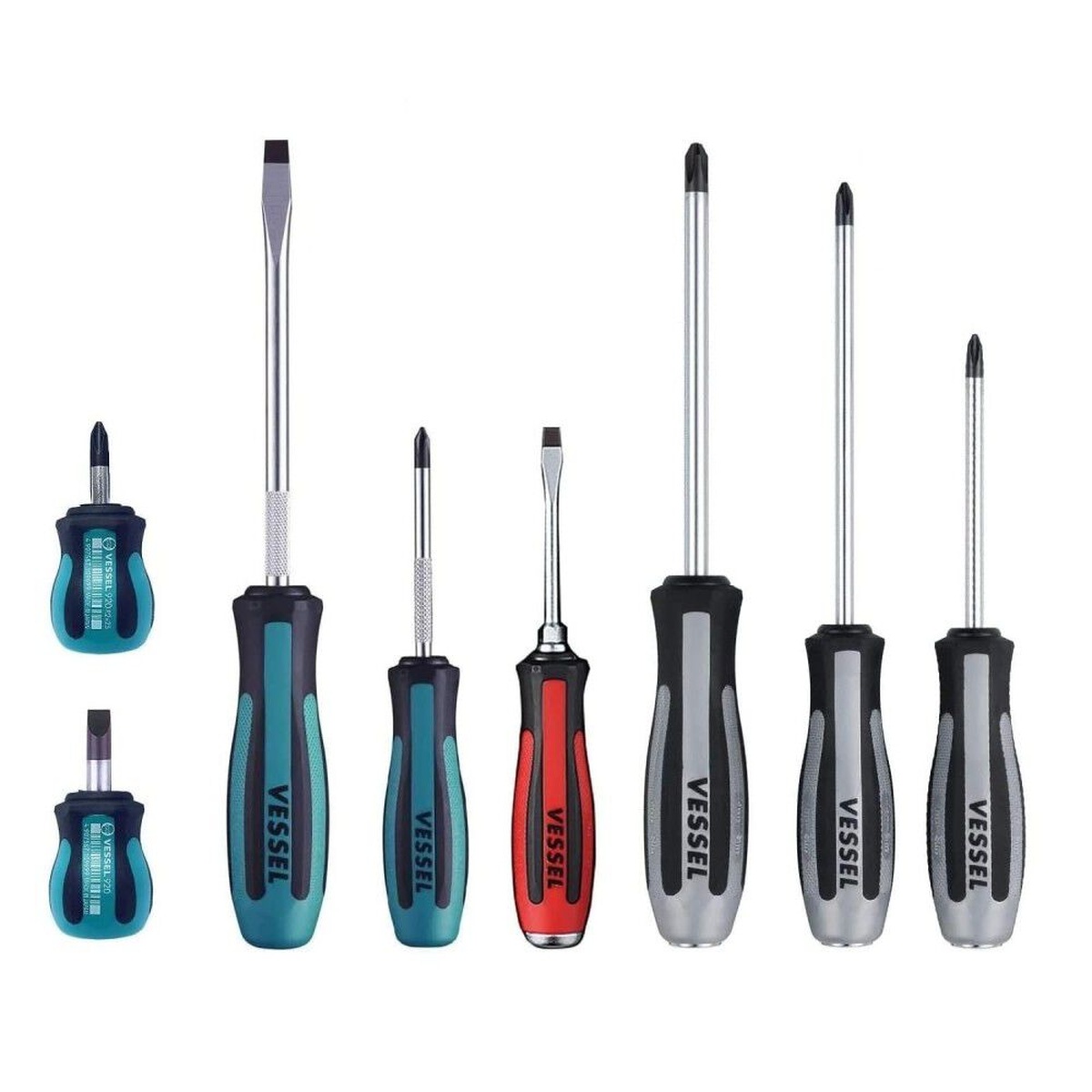 VESSEL MEGADORA IMPACTA Assorted Screwdriver Set laid out on a clean background showing Phillips and slotted drivers for repair, fastening, and service bench work