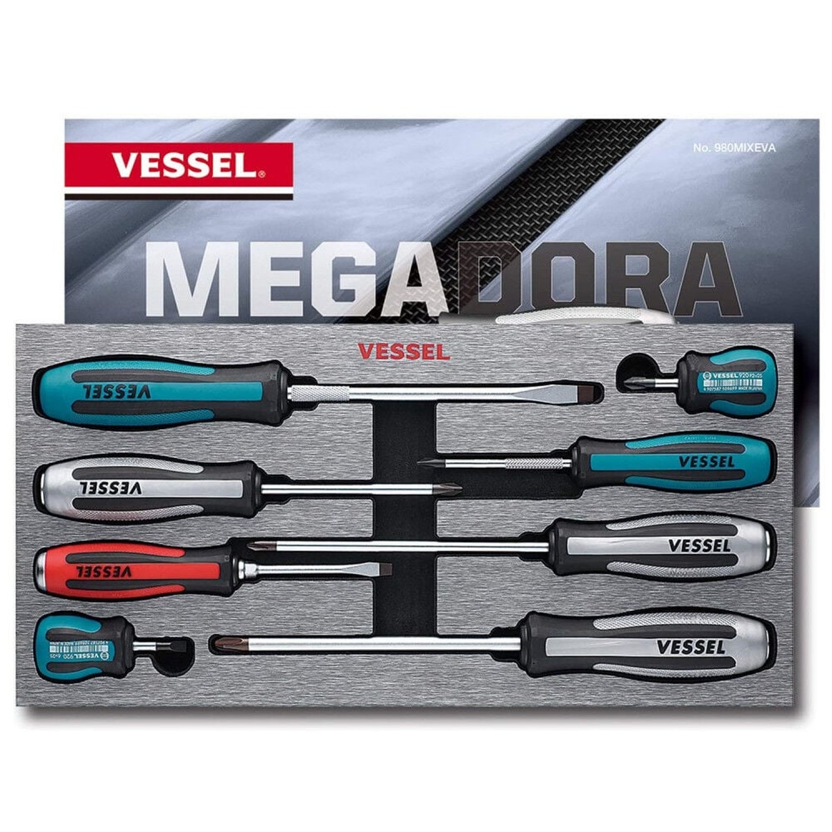 VESSEL MEGADORA IMPACTA Assorted Screwdriver Set arranged in EVA foam tray for organized shop storage and quick access during maintenance and repair work