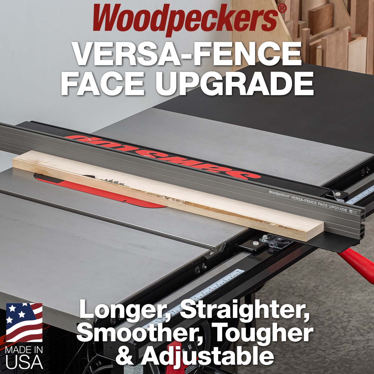 Woodpeckers Versa-Fence Face Upgrade for SawStop Table Saws installed on a cabinet saw fence supporting a long board during ripping