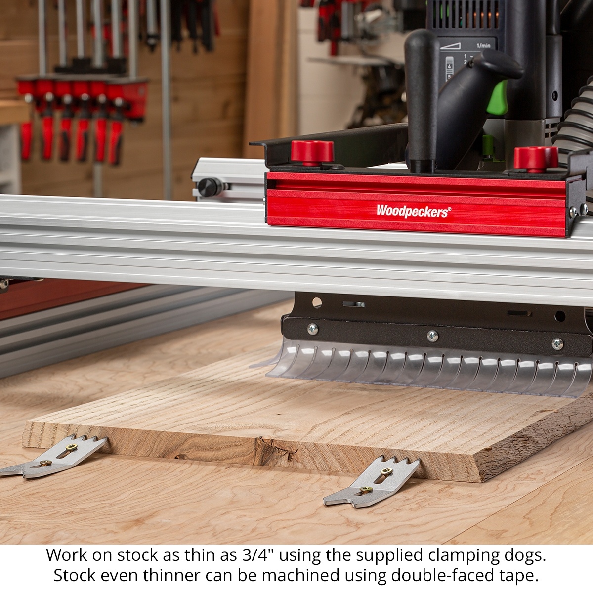 Woodpeckers Slab Flattening Mill Pro flattening a live-edge hardwood slab on a woodworking bench during slab surfacing work