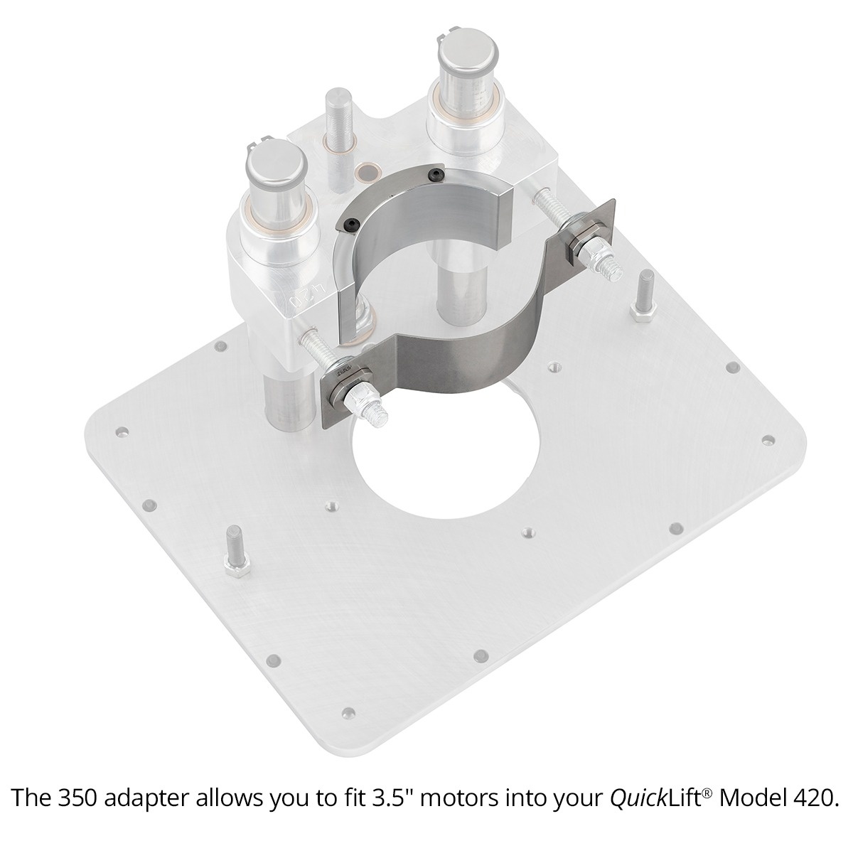 Woodpeckers Quicklift Router Lifts, Aluminum Plate, Fits 4.2 Inch Router Motors with adapter option for 3.5 inch router motor compatibility in a router table setup