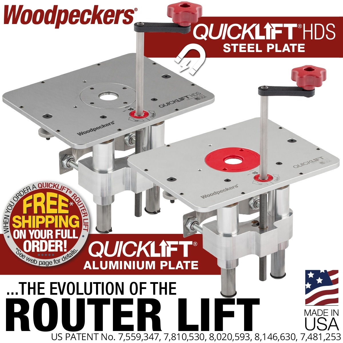 Woodpeckers QuickLift Router Lift aluminum plate and steel plate router lift assemblies for router table bit height adjustment in a woodworking shop