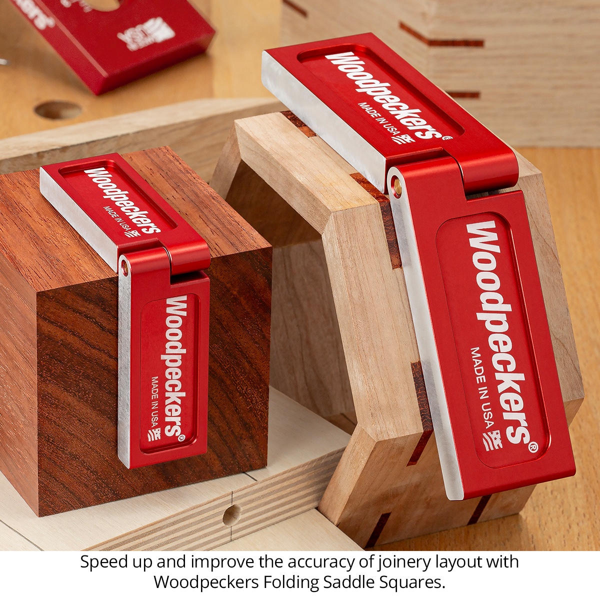 Woodpeckers Folding Saddle Squares wrapped over wood corners for accurate corner-to-corner layout in a woodworking shop