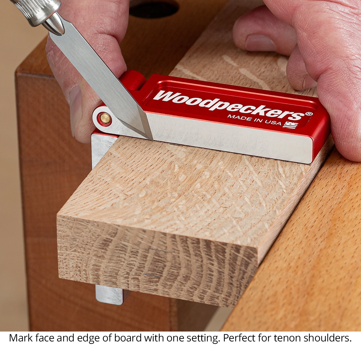 Woodpeckers Folding Saddle Squares marking the face and edge of a hardwood board during joinery layout on a woodworking bench