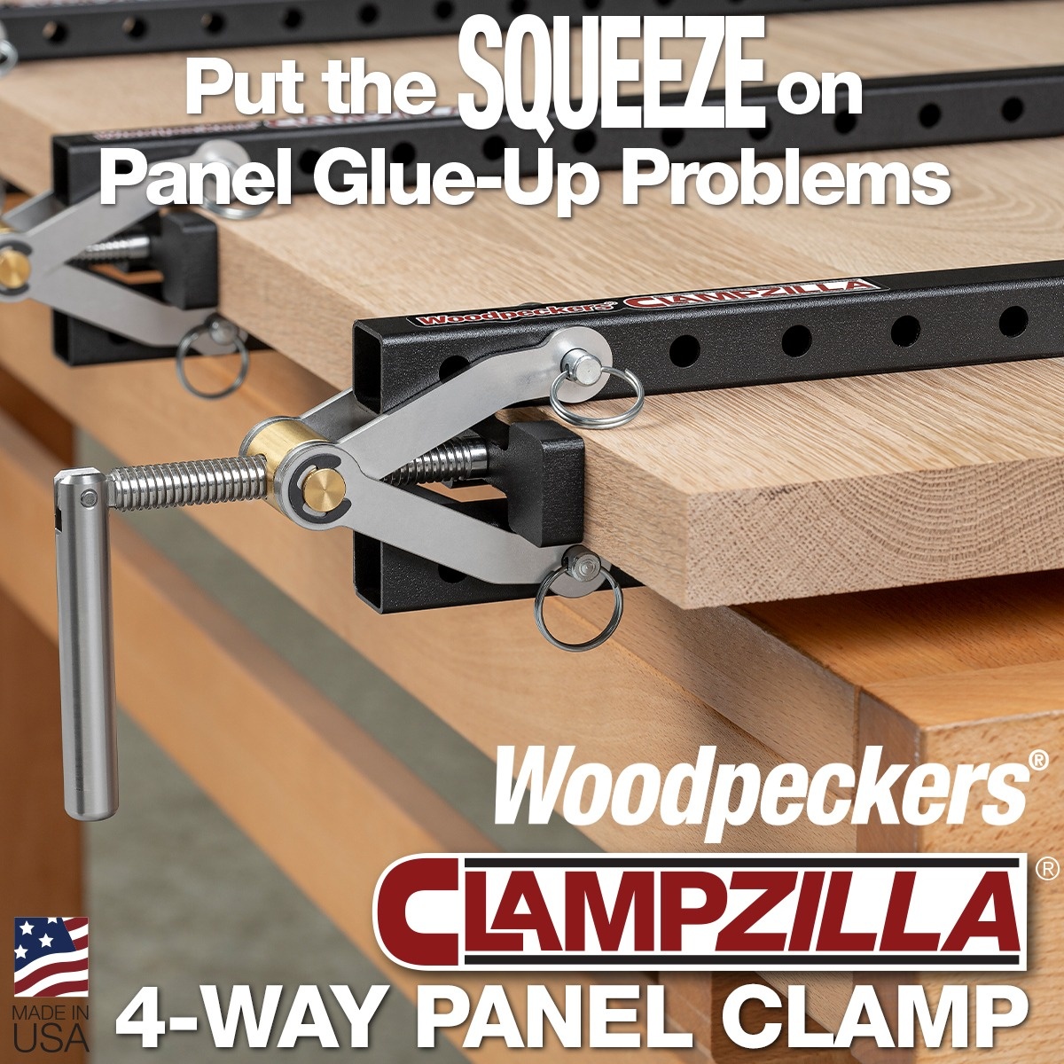 Woodpeckers ClampZILLA 3.0 4-Way Panel Clamp applying pressure on a hardwood panel glue-up at a woodworking bench