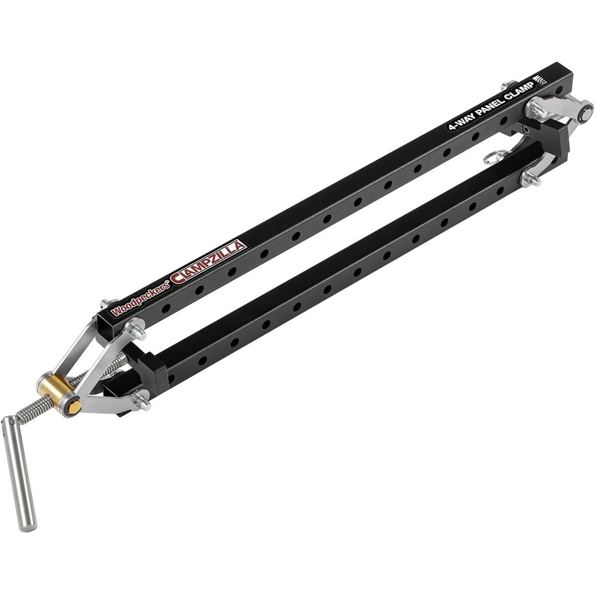 Woodpeckers Clampzilla 3.0 38 Inch 4-Way Panel Clamp detail view showing the alloy steel bars and screw assembly for repeated cabinet and table top glue-up tasks