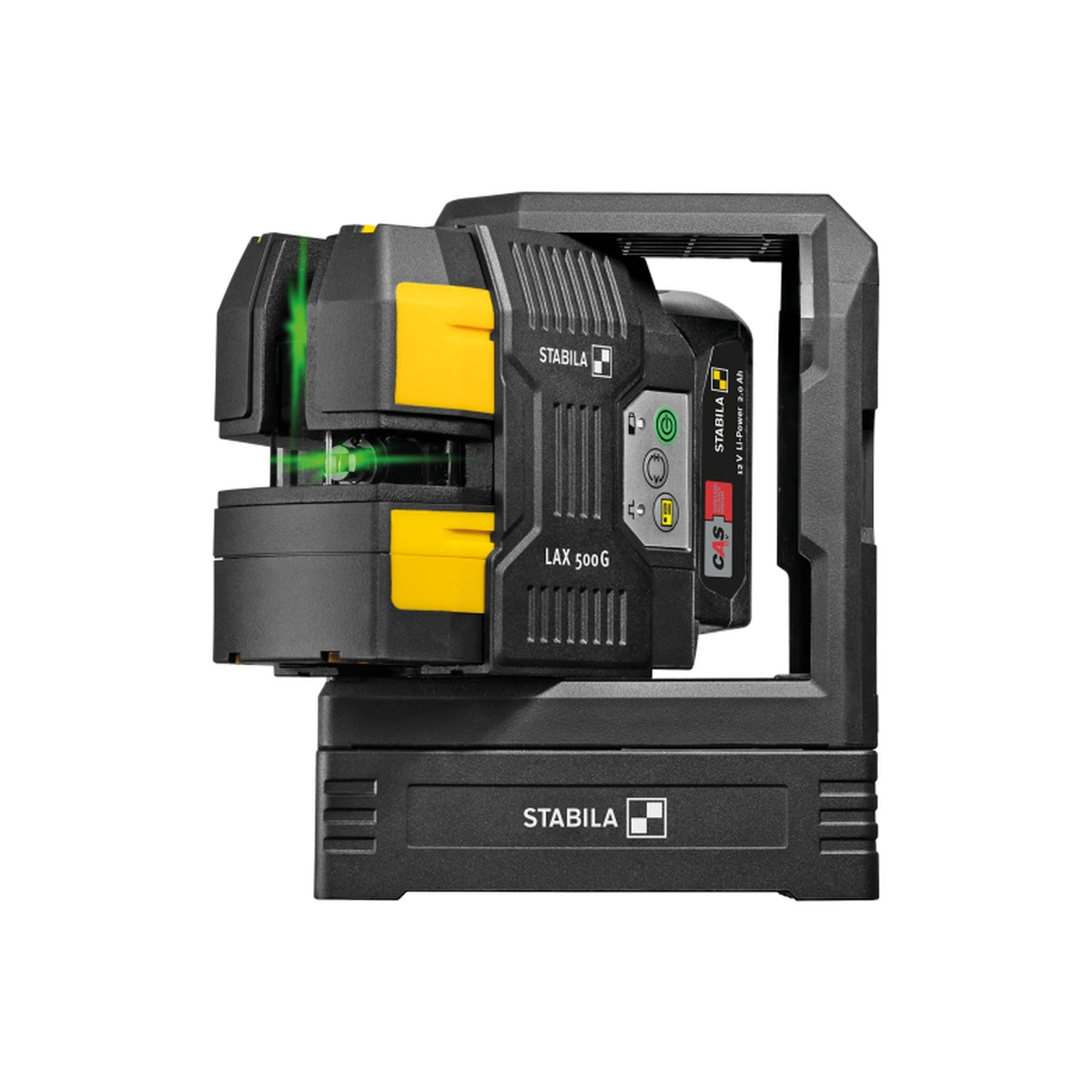 Stabila Cross-line plumb laser LAX 500 G, 12 V system product view showing protective housing around the laser optics for construction layout work