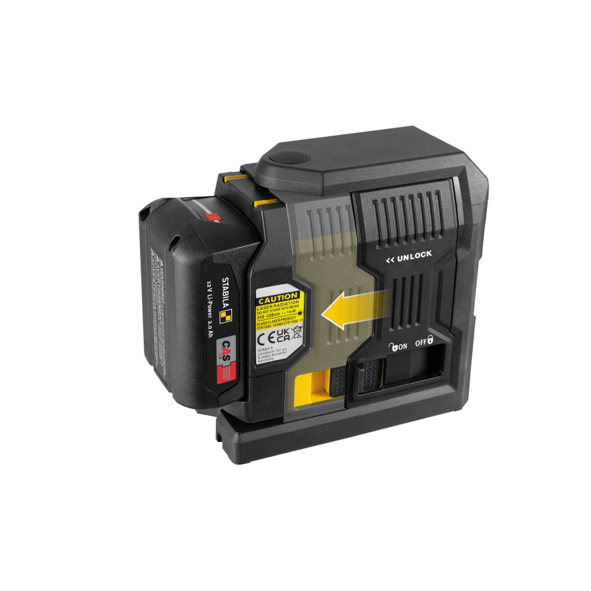 Stabila Cross-line plumb laser LAX 500 G, 12 V system showing installed 12V CAS battery and rear housing details for jobsite positioning and transport