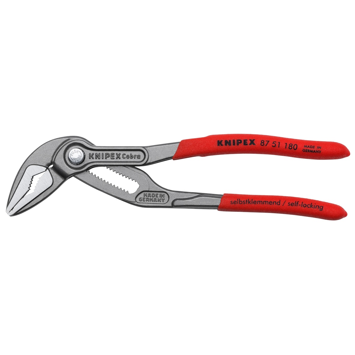 Knipex 87 51 180 Cobra ES Water Pump Pliers full tool view showing slim head, push-button adjustment, and non-slip handles for daily trade use