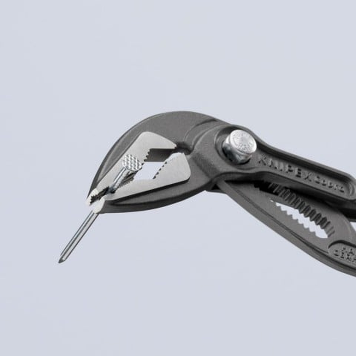 Knipex 87 51 180 Cobra ES Water Pump Pliers holding a small fastener for detailed repair and installation work