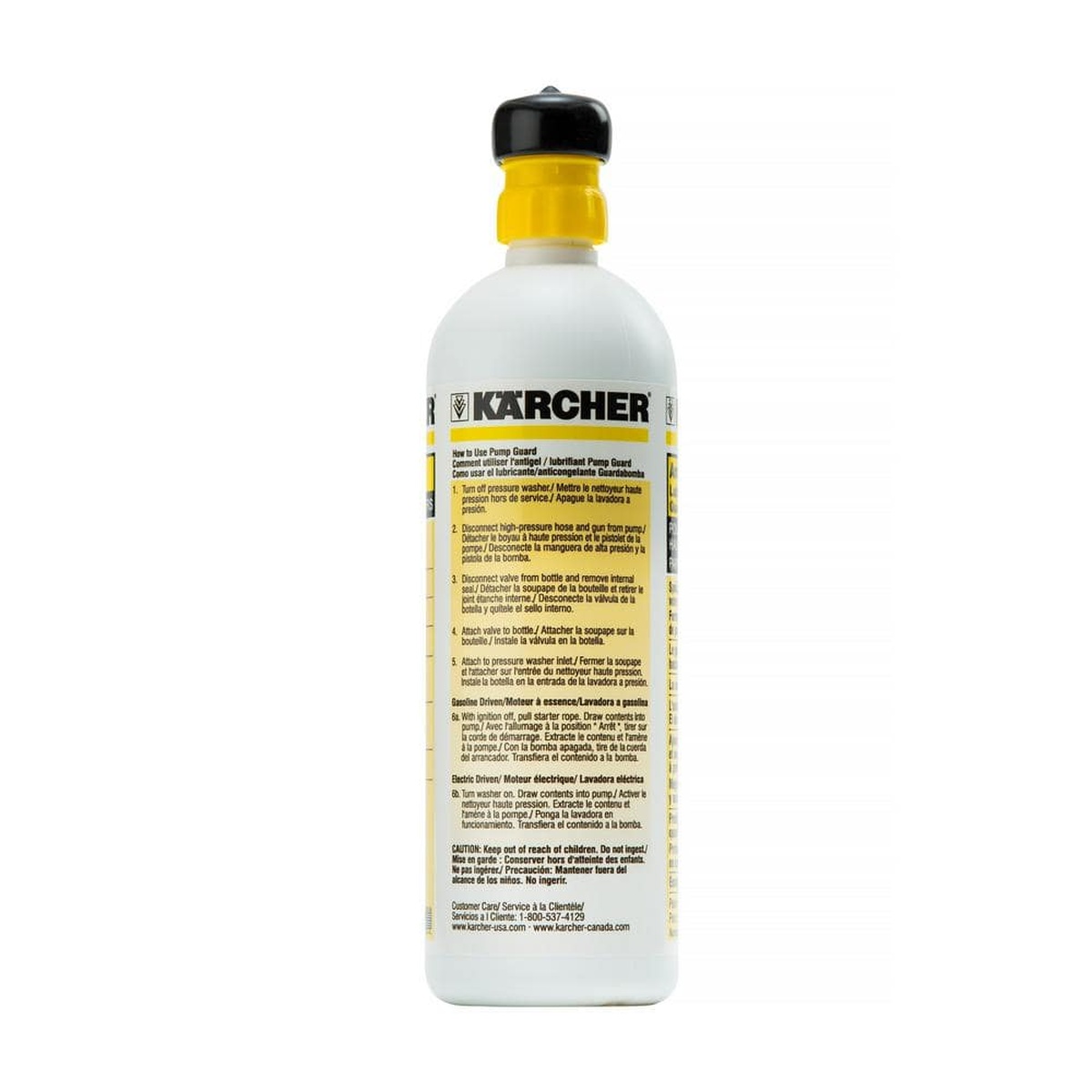 Karcher 16 oz. Pump Guard pressure washer maintenance formula with instructions for protecting valves and seals during storage