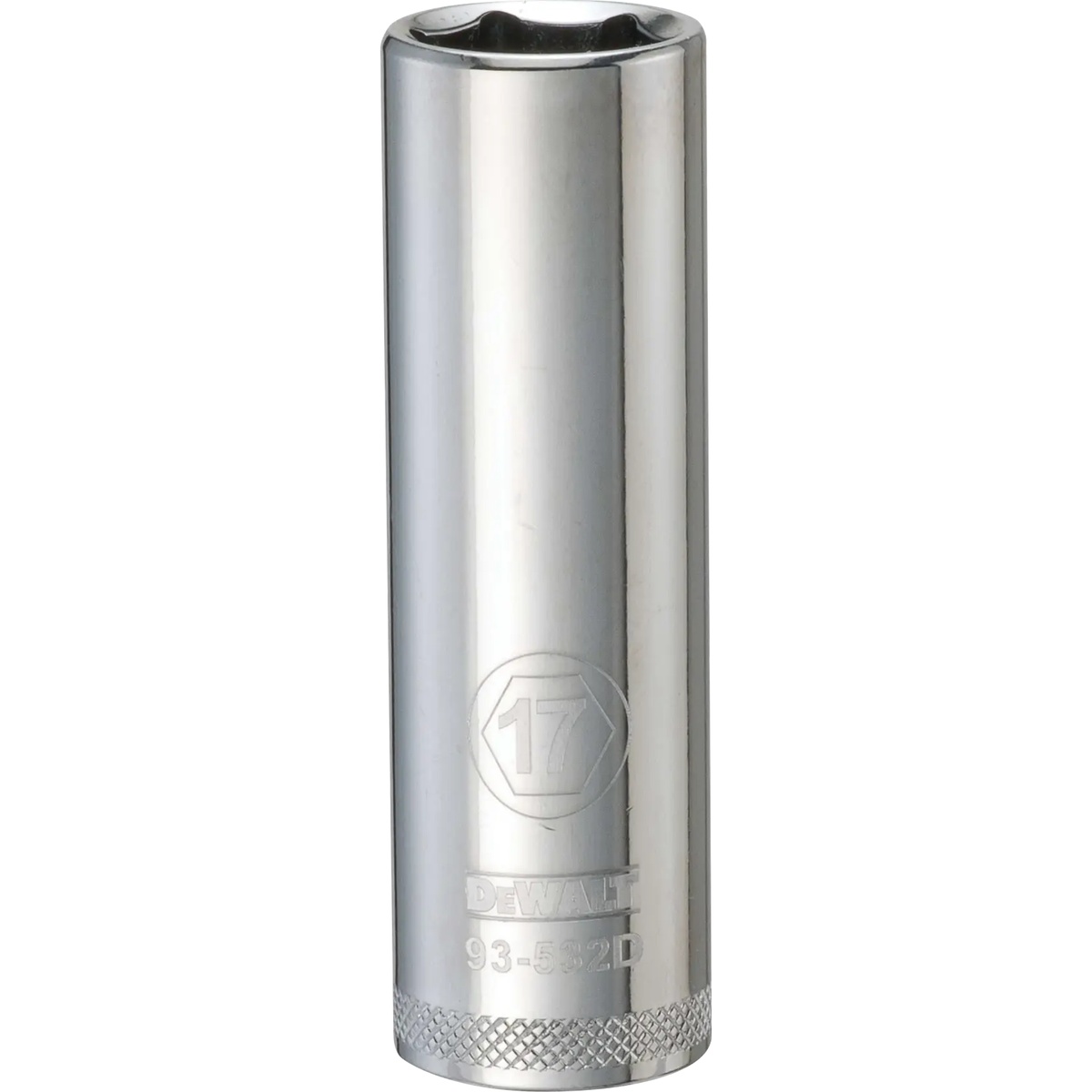DeWalt 1/2-In. (13mm) Drive 6-Point 17mm Metric Deep Socket product shot showing the deep chrome socket for shop and mechanical fastening work