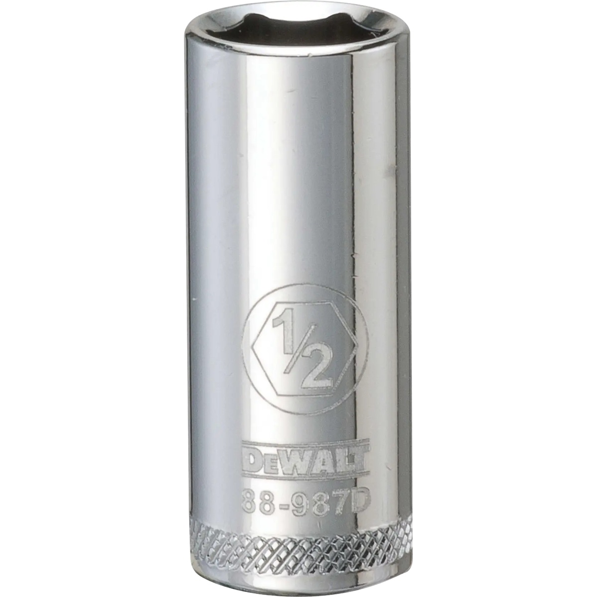 DeWalt 3/8-In. Drive 6-Point 1/2-In. Standard SAE Deep Socket product shot showing the deep well chrome socket for recessed nut and bolt fastening work
