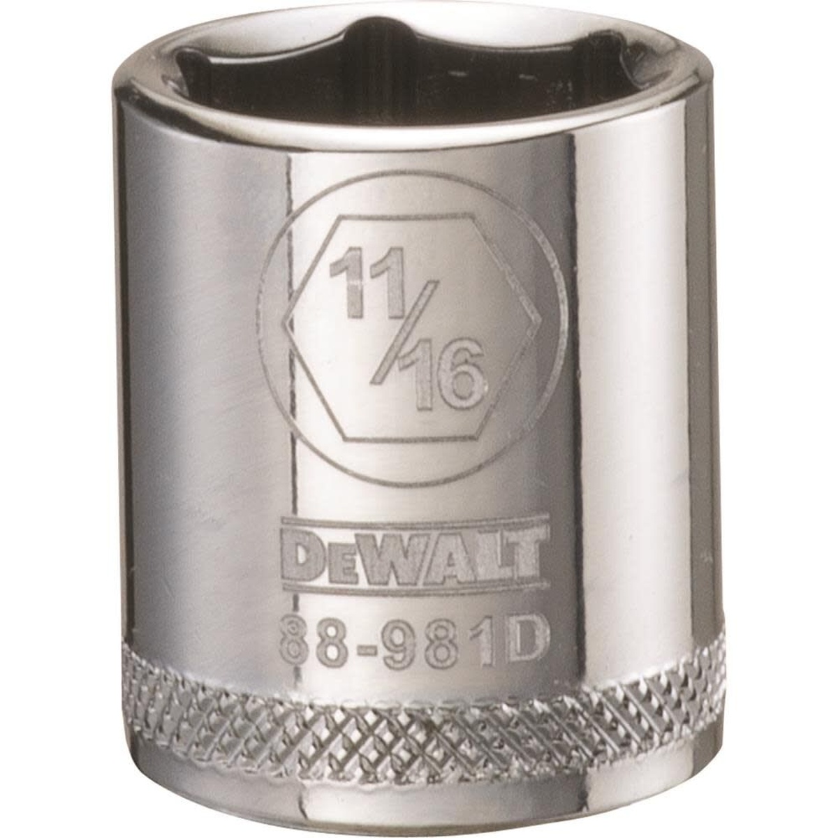 DEWALT 6 Point 3/8in Drive Socket 11/16in SAE standard socket with polished chrome finish and knurled control ring for mechanic fastening work in a garage or shop
