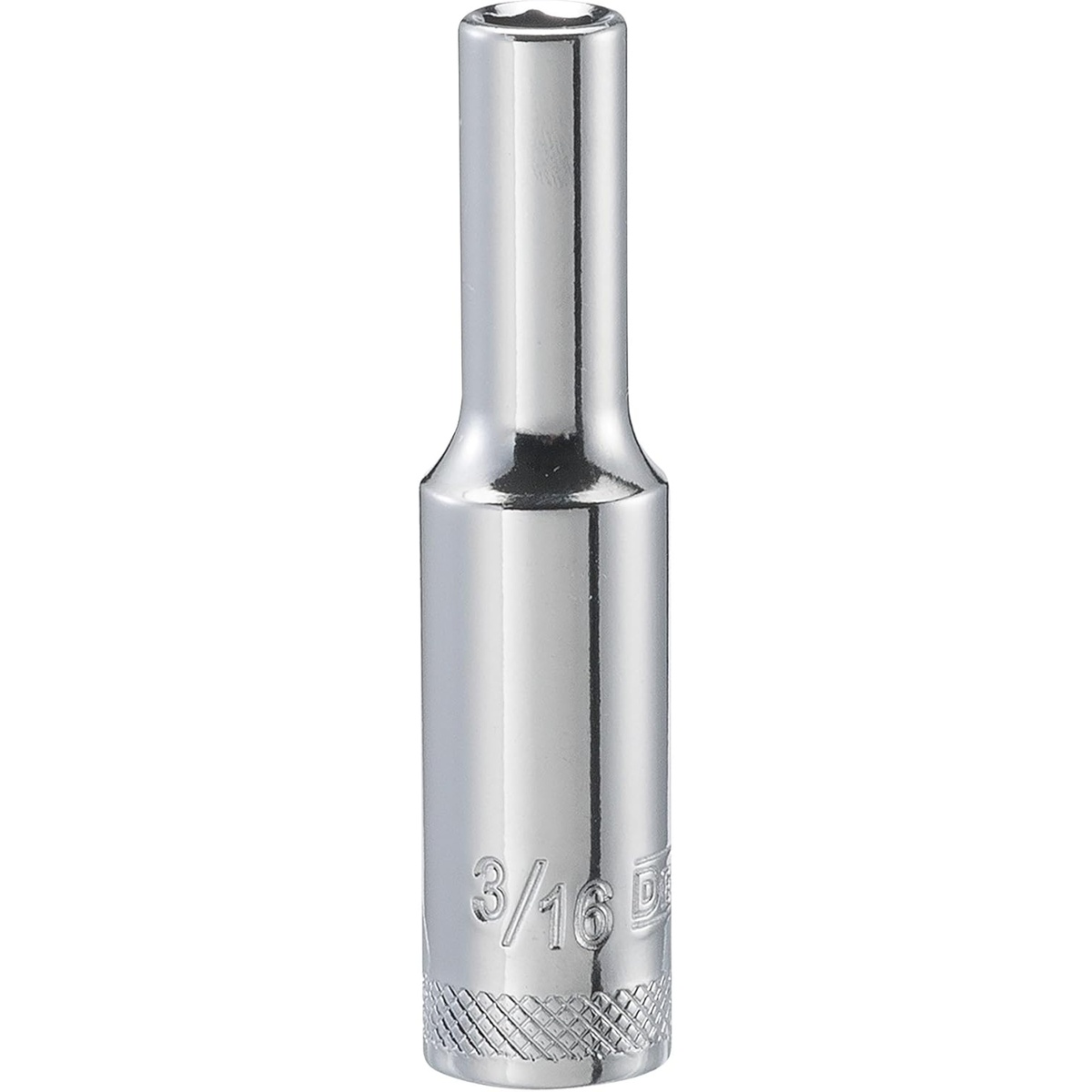 DEWALT DWMT88964OSP 1/4 in drive 3/16 in SAE 6-point deep socket shown as a polished chrome hand socket for small fastener work in a shop or mechanical setting