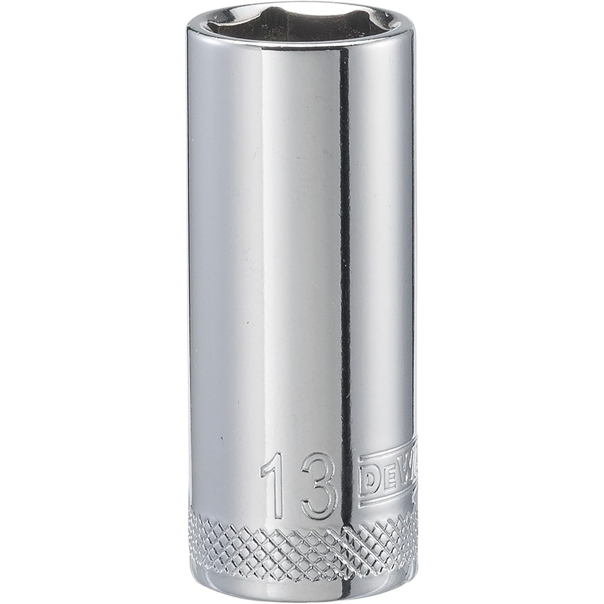 DeWalt DWMT86325OSP Mechanics 6 Point 3/8 Inch Drive Deep Socket 13 mm shown as a polished chrome deep socket for metric fastening and mechanical repair work