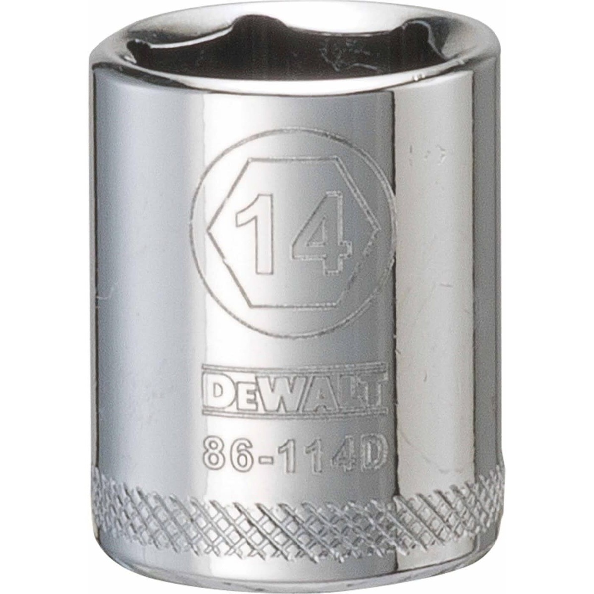 DEWALT 14 mm 1/4 Inch Drive 6-Point Metric Deep Impact Socket product close-up for recessed metric fastening and mechanical repair work
