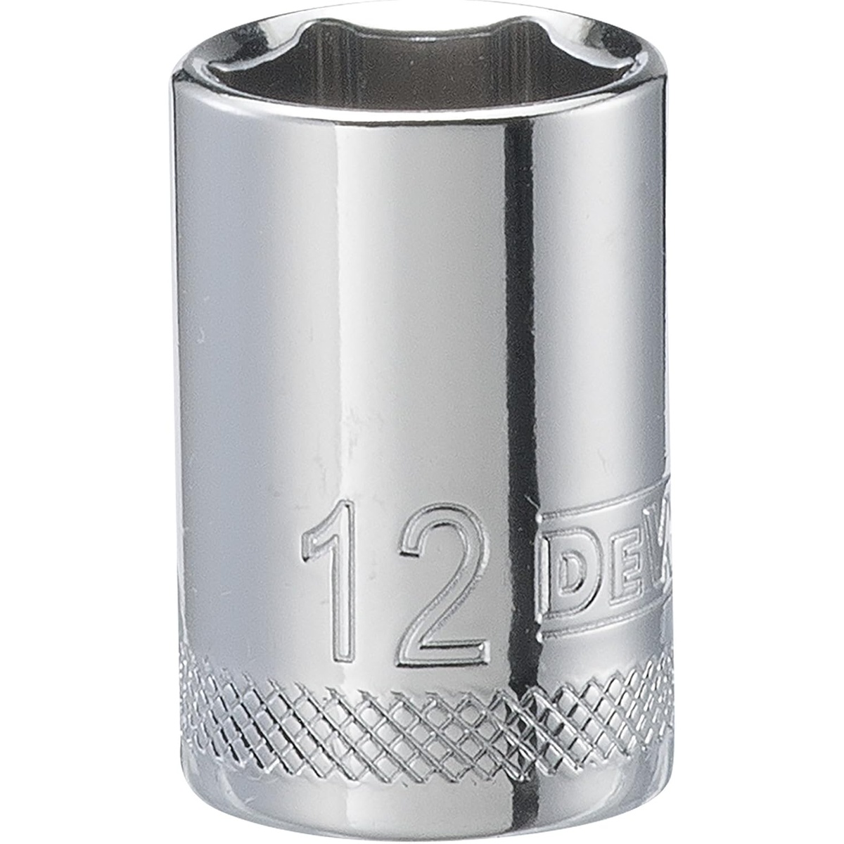 DeWalt DWMT86109OSP 1/4 inch drive 12 mm 6-point standard socket shown as a compact chrome hand socket for automotive and shop fastening work