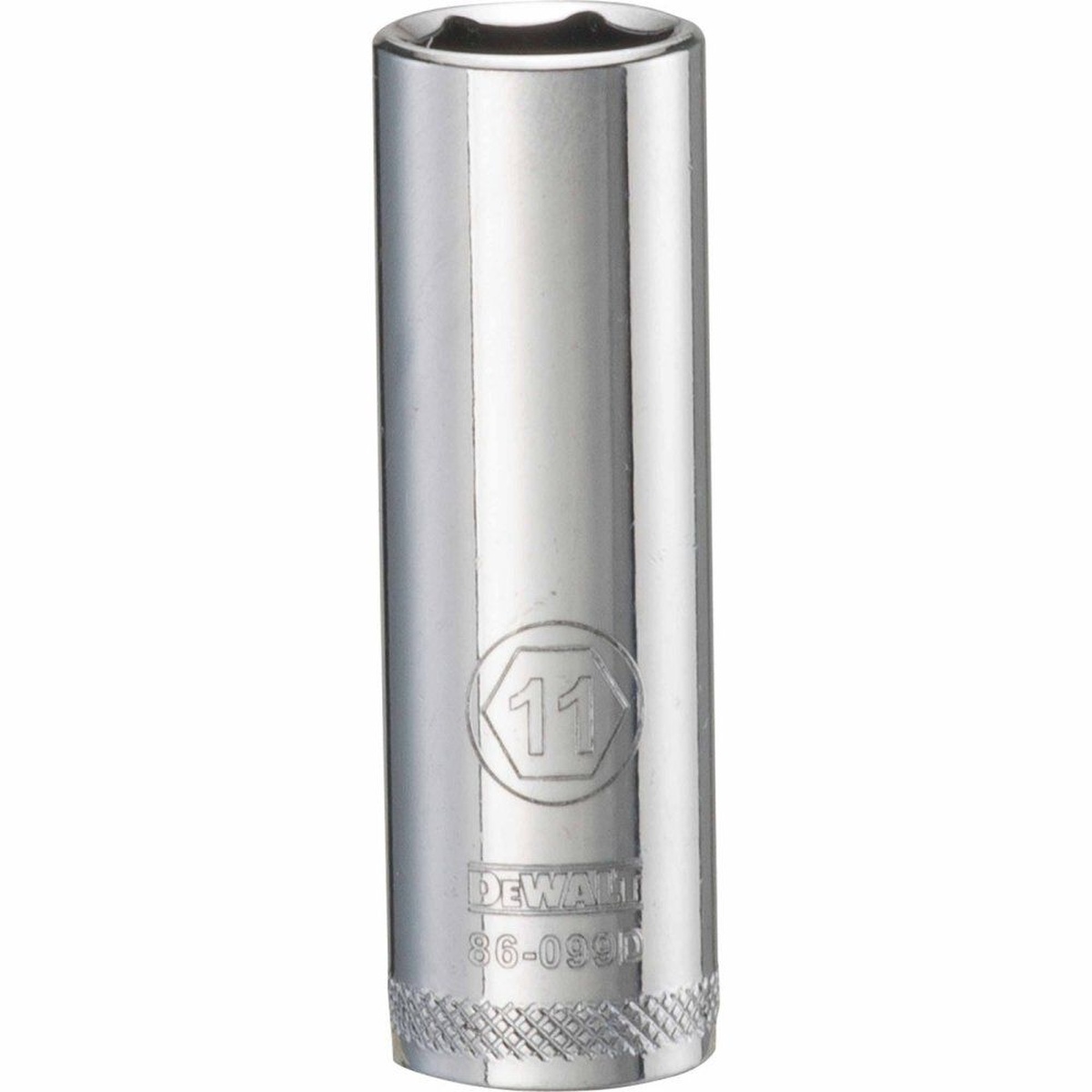 DEWALT DWMT86099OSP 11 mm 1/4 Inch Drive 6-Point Metric Deep Socket product view showing polished chrome deep socket for mechanical fastening work