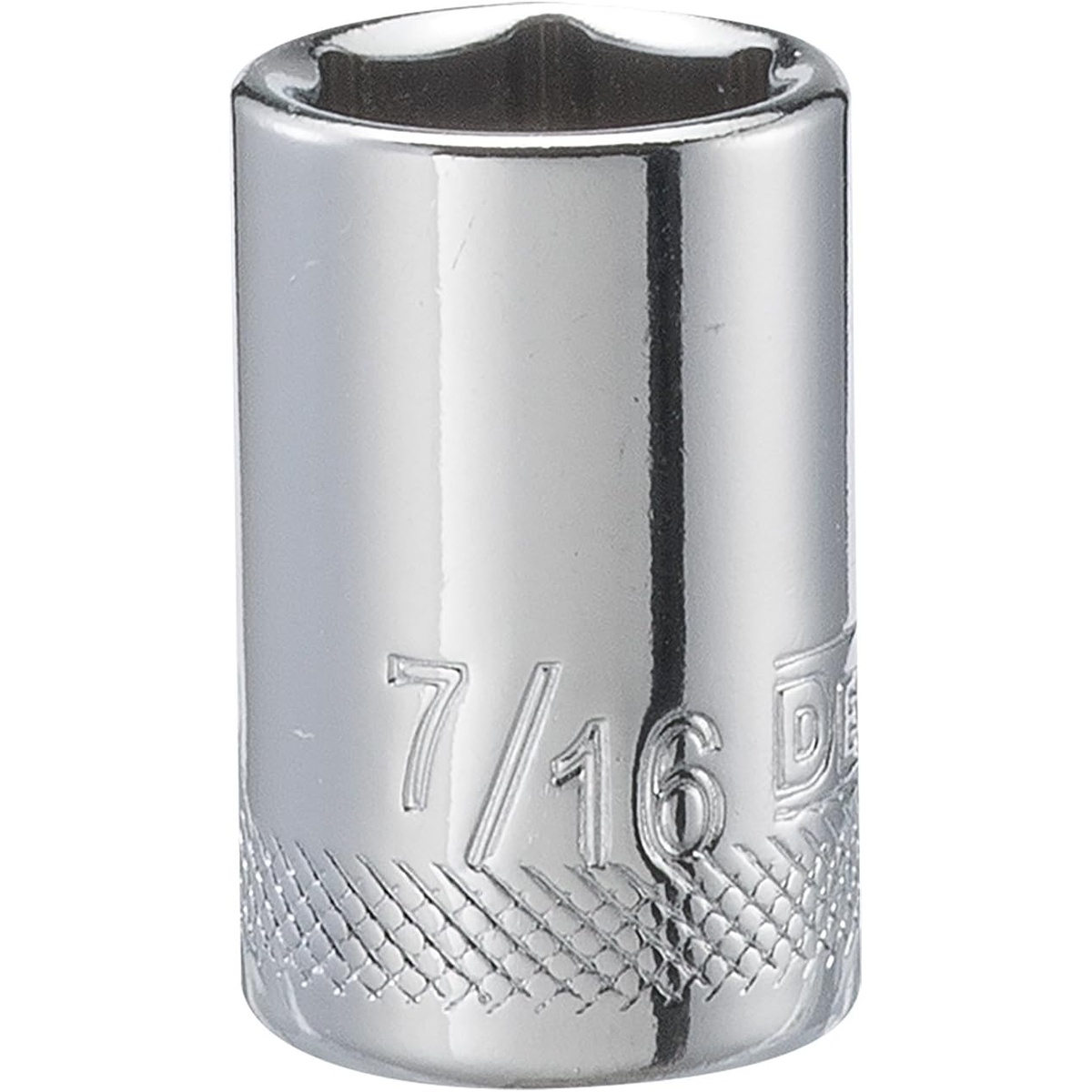 DEWALT DWMT86029OSP 6 Point 1/4 inch drive socket 7/16 inch SAE close-up showing stamped size markings and knurled ring for automotive and general fastening work