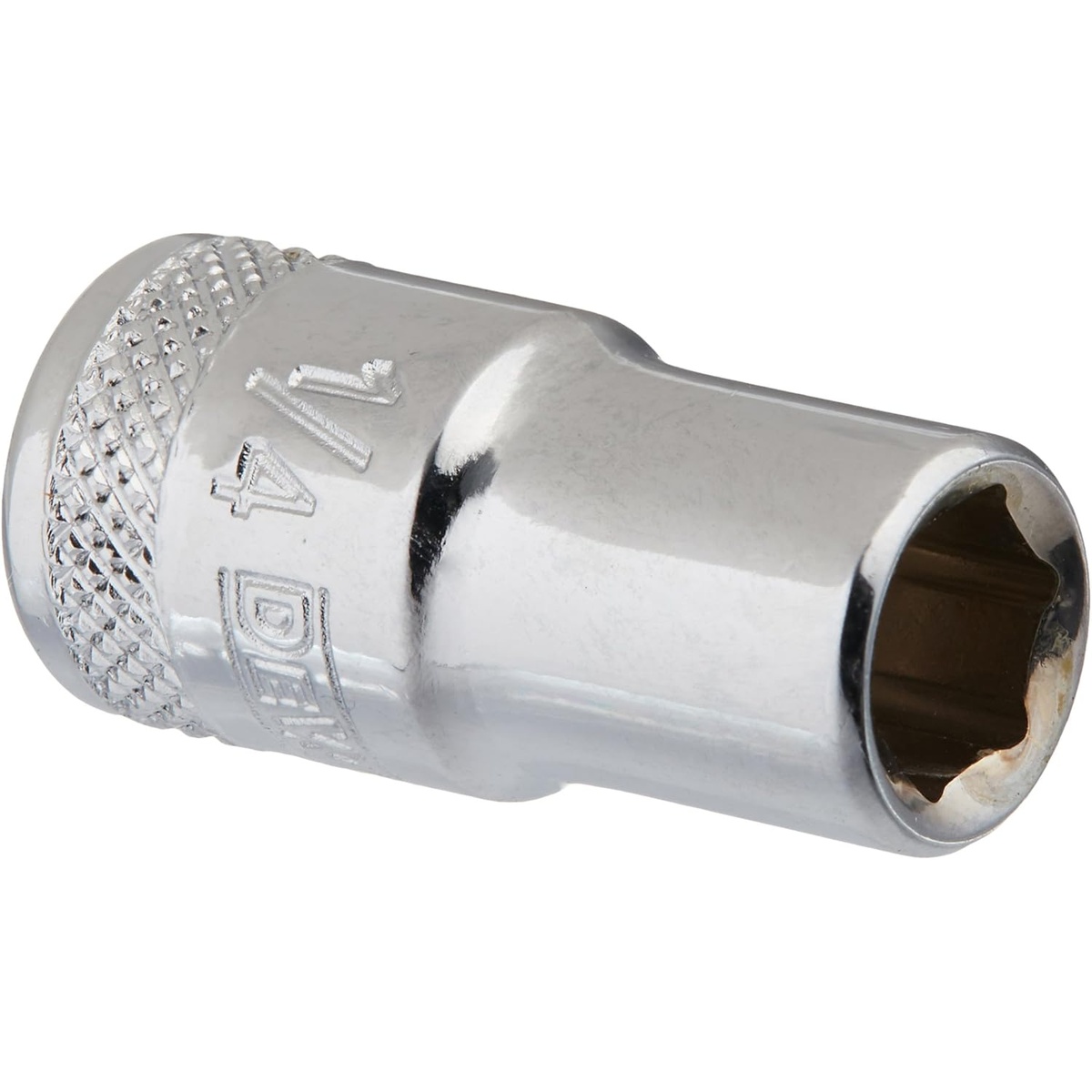 DEWALT DWMT86024OSP 6 Point 1/4 drive socket with knurled grip ring and shallow body for small fastener work in a tool box or mechanic setup