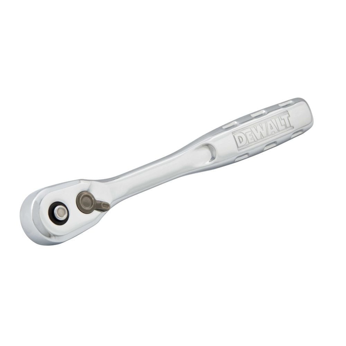 DEWALT DWMT81096 1/4 Inch Drive Quick-Release Ratchet handle detail with contoured grip and anti-slip grooves for mechanic and maintenance work