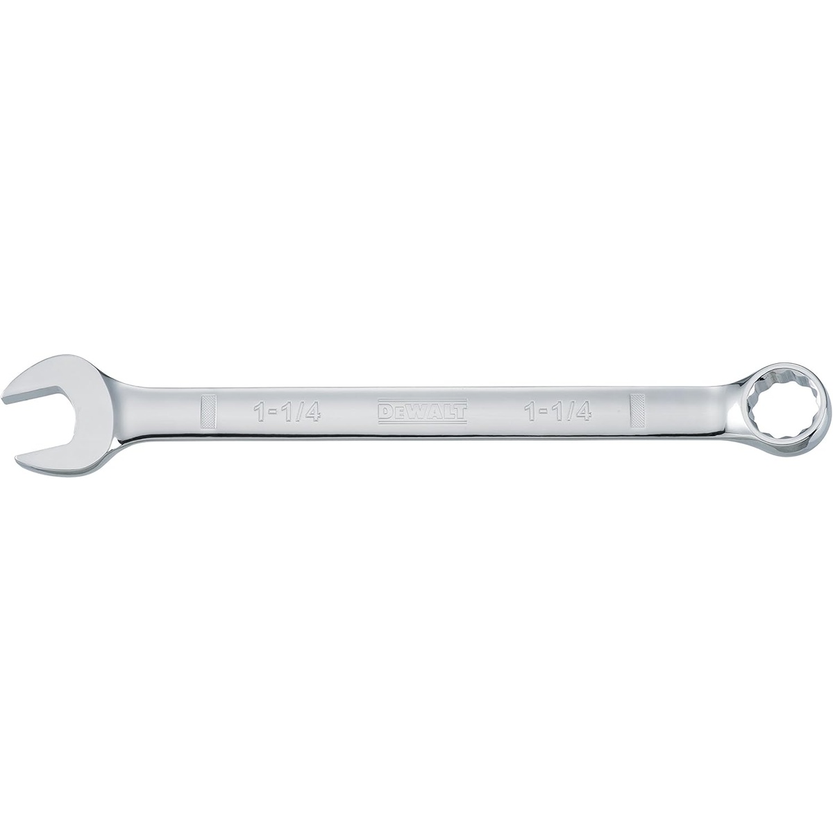 DeWalt DWMT75187OSP Mechanics Combination Wrench 1-1/4 in SAE shown as a full polish hand wrench for turning large nuts and bolts in shop and equipment maintenance work