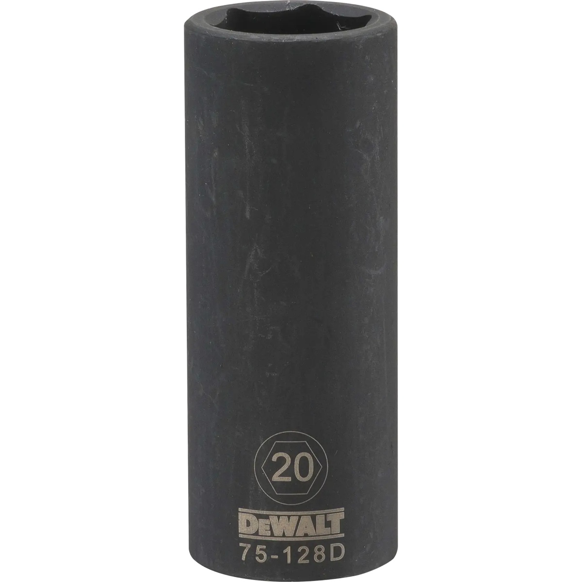 DeWalt DWMT75128OSP 1/2-In. drive 6-point 20mm metric deep impact socket shown as a single impact socket for fastening and removal work in automotive and equipment service
