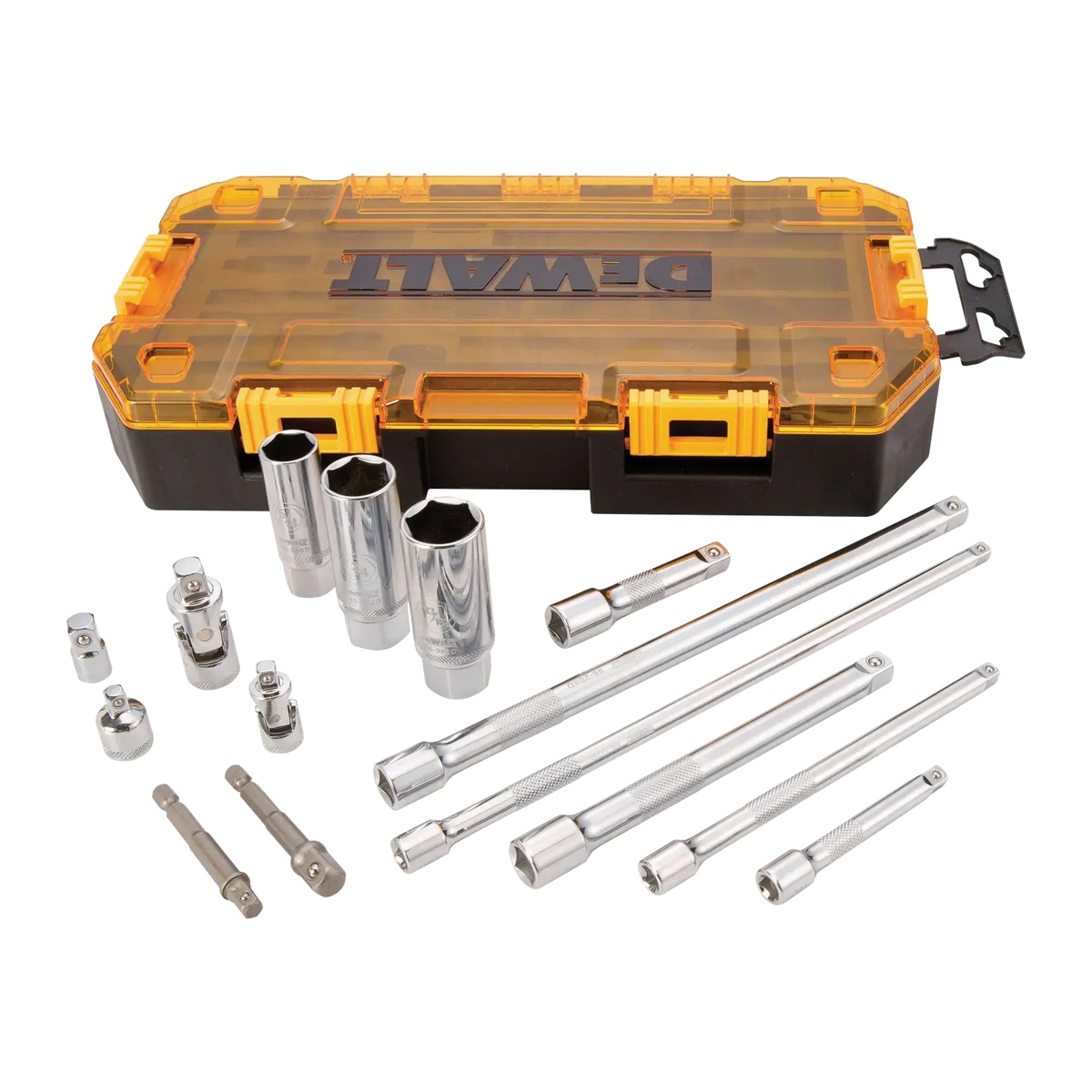 DEWALT DWMT73807 1/4-In. (6.4mm) & 3/8-In. (9.5mm) Drive Tool Accessory Set with case, extensions, adapters, and spark plug sockets for garage and service work