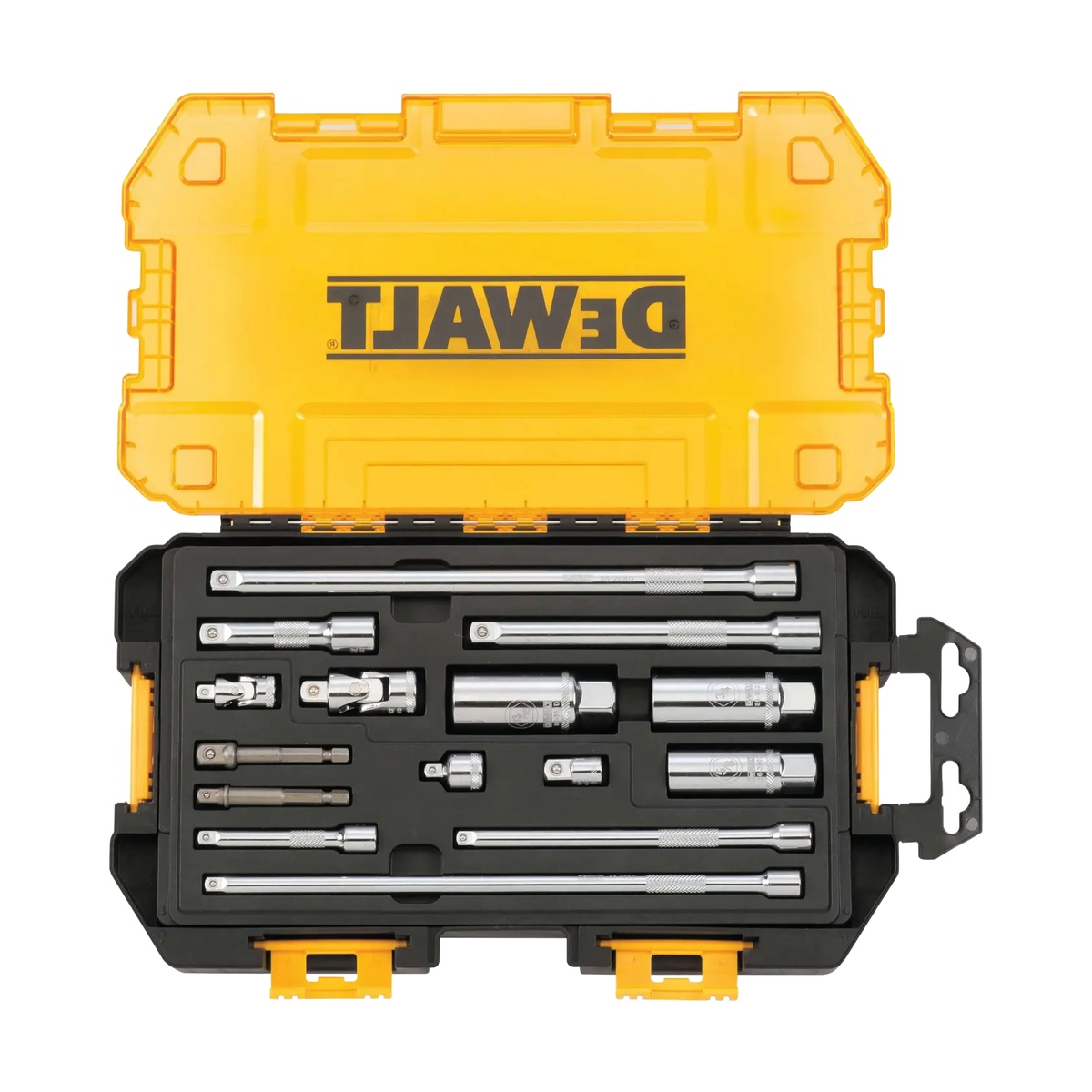 DEWALT DWMT73807 1/4-In. (6.4mm) & 3/8-In. (9.5mm) Drive Tool Accessory Set organized in a removable tray inside a stackable case for tool chest storage