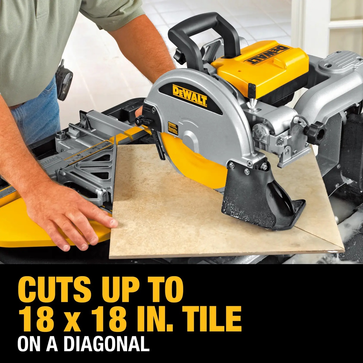 DeWalt D24000S 10 In. Wet Tile Saw With Stand cutting large tile on a diagonal during indoor tile installation work