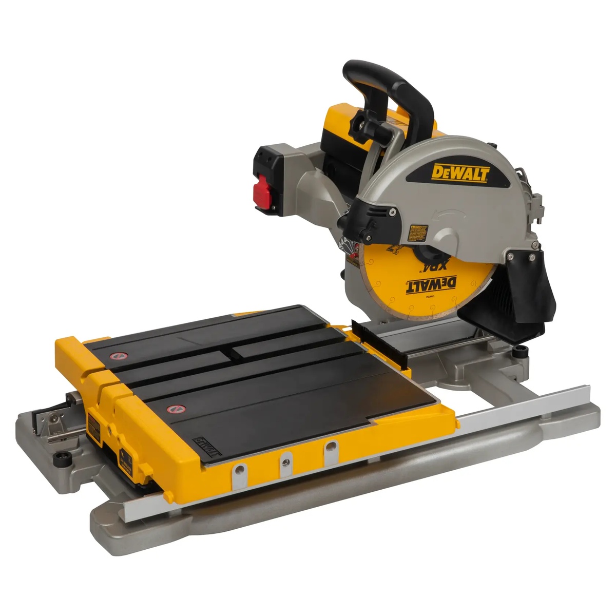 DeWalt D24000S 10 In. Wet Tile Saw With Stand shown as a compact portable wet tile saw for transport and setup between jobsites