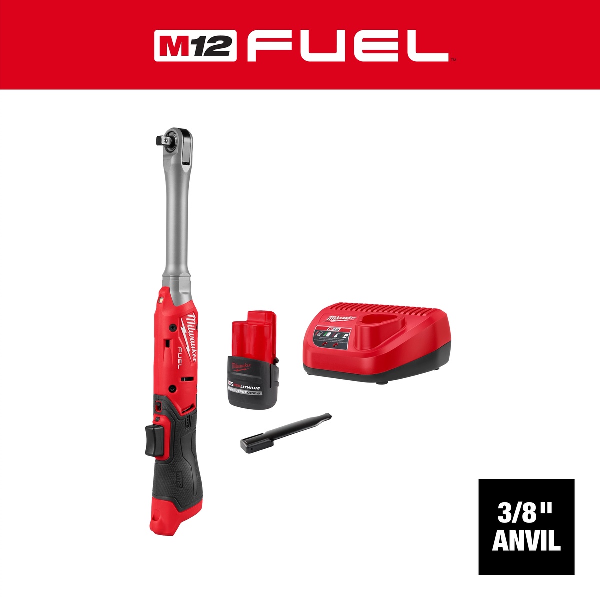 Milwaukee M12 FUEL 3/8 inch Extended Reach Ratchet Kit with M12 High Output CP2.5 battery, charger, and trigger cap accessories for shop use