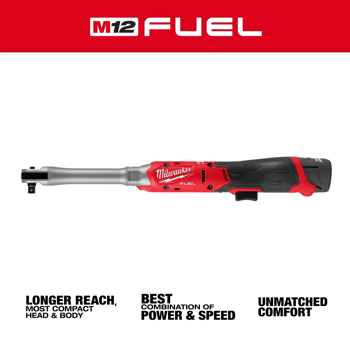 Milwaukee M12 FUEL 3/8 inch Extended Reach Ratchet Kit side profile for tight-space fastening and automotive service work