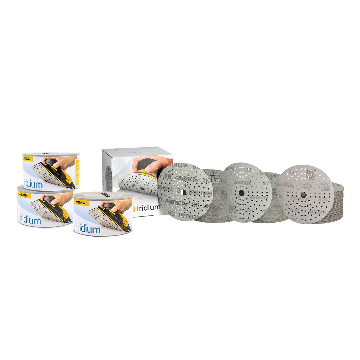 Mirka MUSDF-IRKIT 6 in. Iridium Dust-Free Trial Kit with 6 inch sanding discs and perforated abrasive rolls for dust-extraction sanding in automotive refinishing and wood finishing