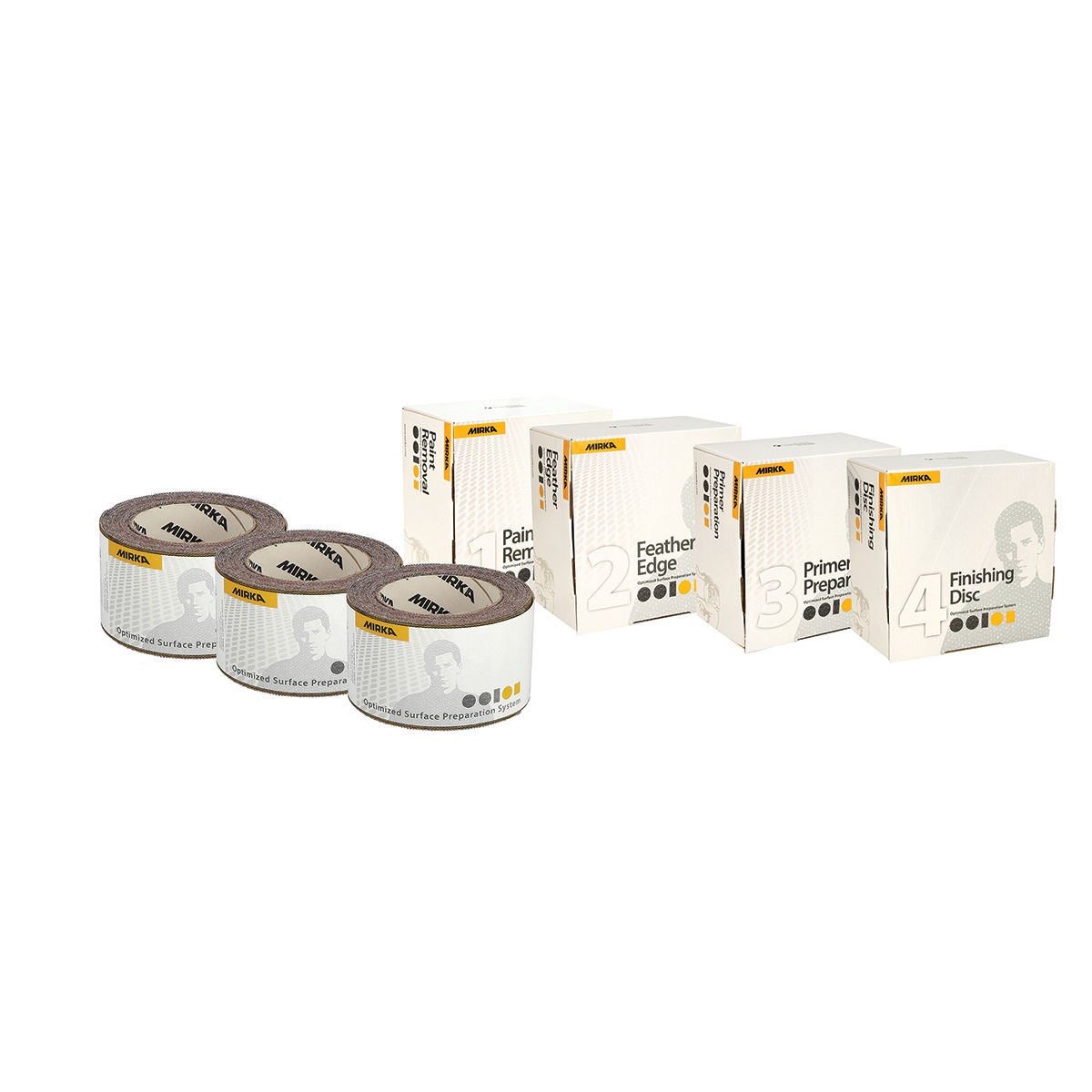 Mirka 6in OSP Dust Free Trial Kit abrasive discs and rolls for automotive paint removal, feather edging, primer prep, and finishing in body shop repair work