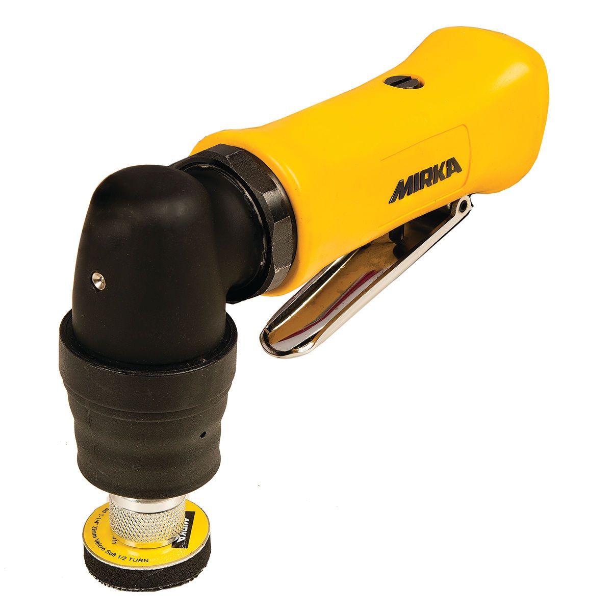 Mirka MAOS130 1.25 inch angled orbital sander product view showing compact pneumatic body and small backing pad for fine finish spot sanding