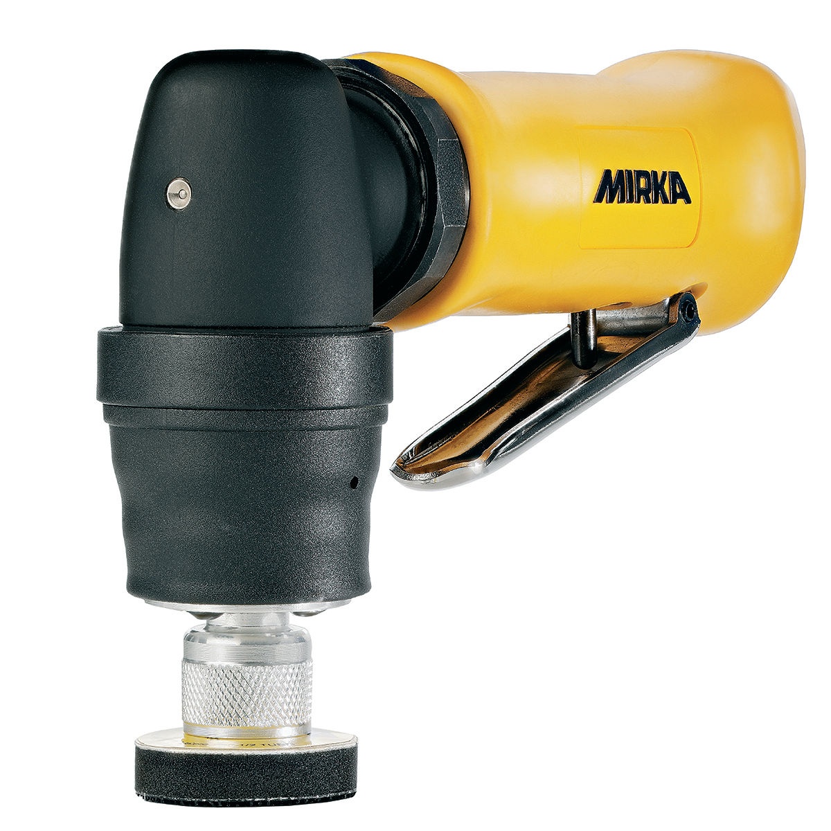 Mirka MAOS130 angled orbital sander close-up showing the compact head and pad setup for contour sanding and paint correction work