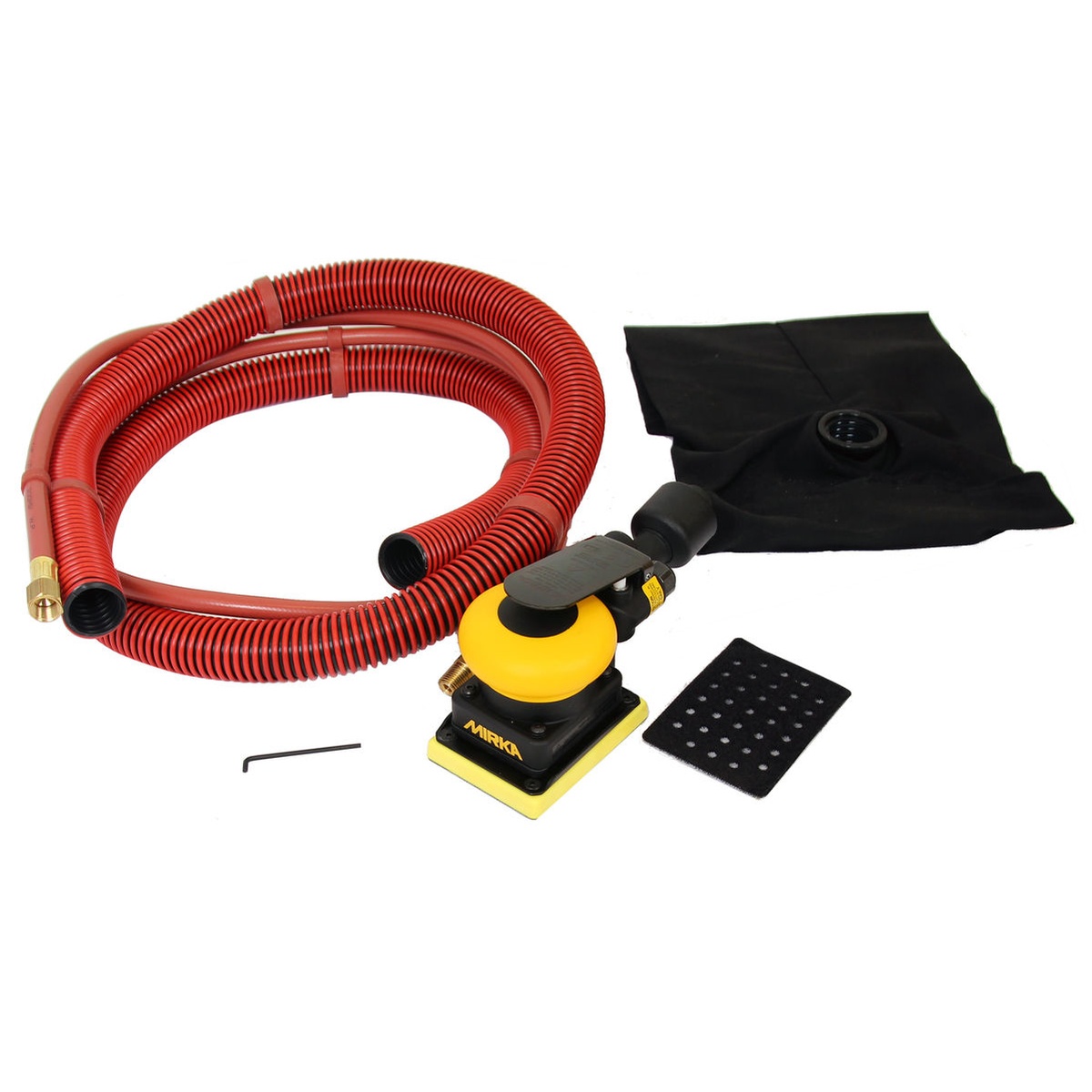 Mirka Pneumatic 3 Inch x 4 Inch 3mm Orbital SGV Sander with Dust Bag set up for finish sanding with hose, dust bag, and pad for woodworking tasks