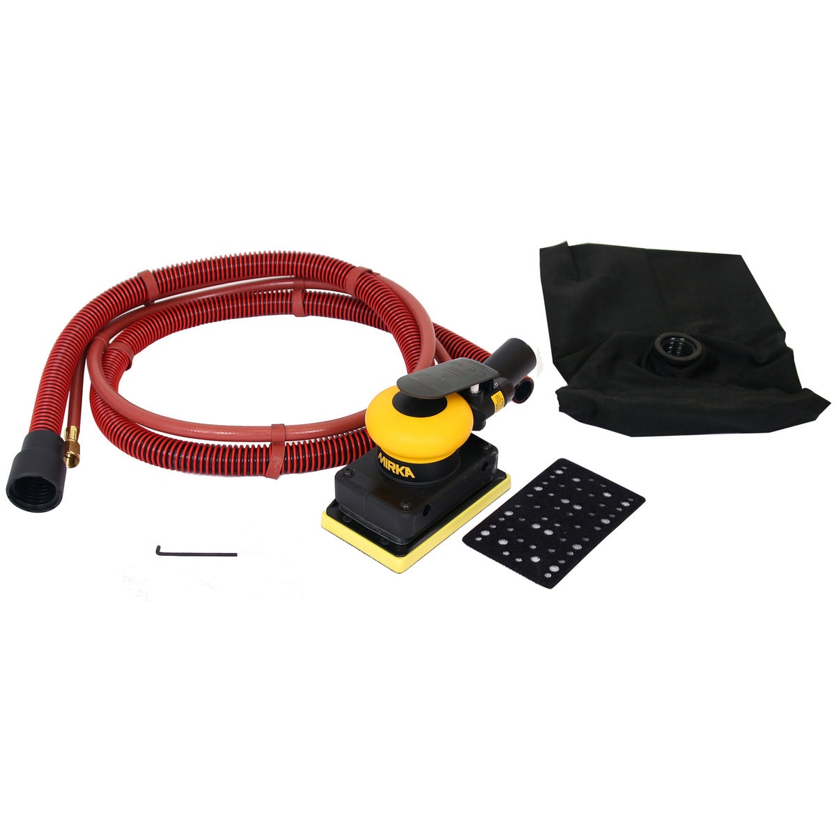 Mirka MR-35SGV 3 in. x 5 in. SGV Sander with dust bag and hose setup for finish sanding in a woodworking shop