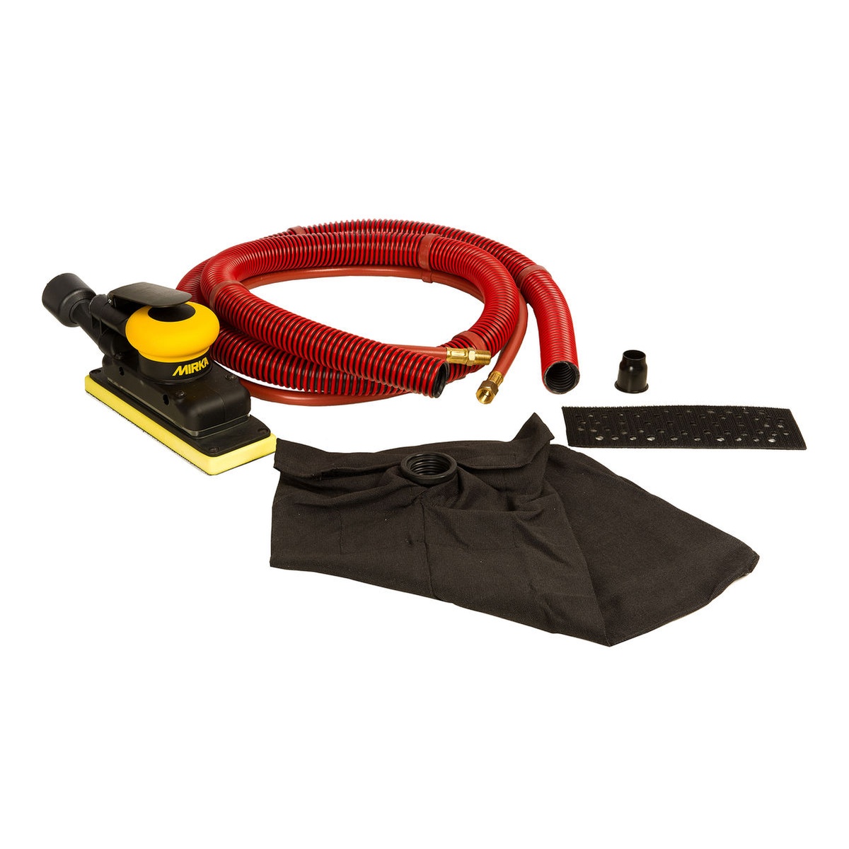 Mirka MR-38SGV 3 inch x 8 inch SGV Sander 3mm Orbit with hose assembly, dust bag, adapter, and pad saver strip for sanding prep work in shop and repair settings